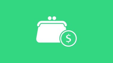 Yeşil arka planda izole edilmiş madeni para simgesi olan beyaz cüzdan. Çanta ikonu. Nakit tasarruf sembolü. 4K Video hareketli grafik canlandırması