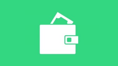 Yeşil arka planda izole edilmiş kağıt para ikonu olan beyaz cüzdan. Çanta ikonu. Nakit tasarruf sembolü. 4K Video hareketli grafik canlandırması