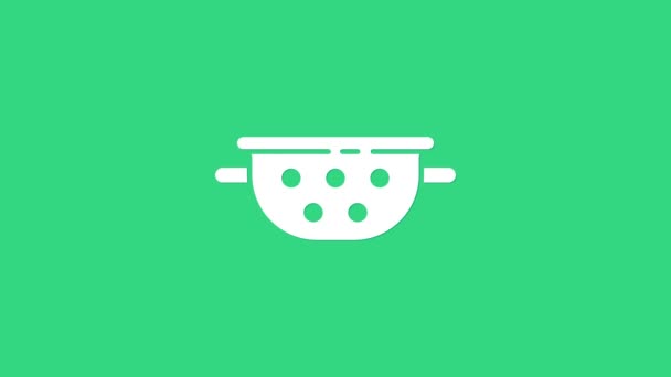 White Kitchen colander icon isolated on green background. Cooking utensil. Cutlery sign. 4K Video motion graphic animation — Stock Video