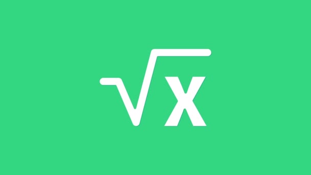Λευκή τετραγωνική ρίζα του εικονιδίου x glyph που απομονώνεται σε πράσινο φόντο. Μαθηματική έκφραση. 4K Γραφική κίνηση κίνησης βίντεο — Αρχείο Βίντεο