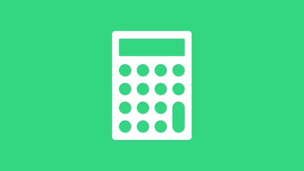 Icono de la calculadora blanca aislado sobre fondo verde. Símbolo contable. Cálculos de negocio matemáticas educación y finanzas. Animación gráfica de vídeo 4K — Vídeos de Stock