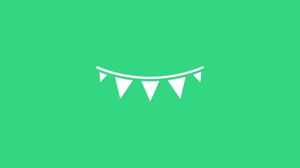 Vit karneval garland med flaggor ikon isolerad på grön bakgrund. Partypennor för födelsedagsfirande, festivaldekoration. 4K Video motion grafisk animation — Stockvideo