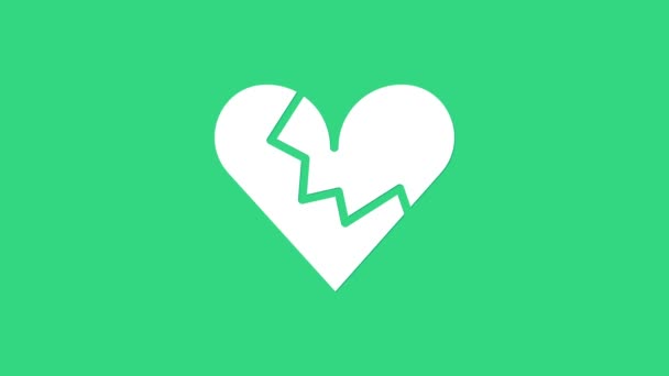 White Broken heart or divorce icon isolated on green background. Love symbol. Valentines day. 4K Video motion graphic animation — Stock Video