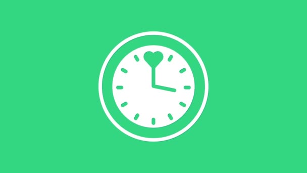 Icono del reloj blanco aislado sobre fondo verde. Símbolo de tiempo. Animación gráfica de vídeo 4K — Vídeo de stock