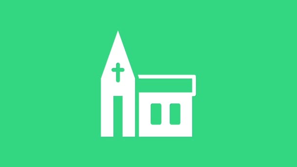 緑の背景に隔離された白い教会の建物のアイコン。キリスト教会。教会の宗教。4Kビデオモーショングラフィックアニメーション — ストック動画