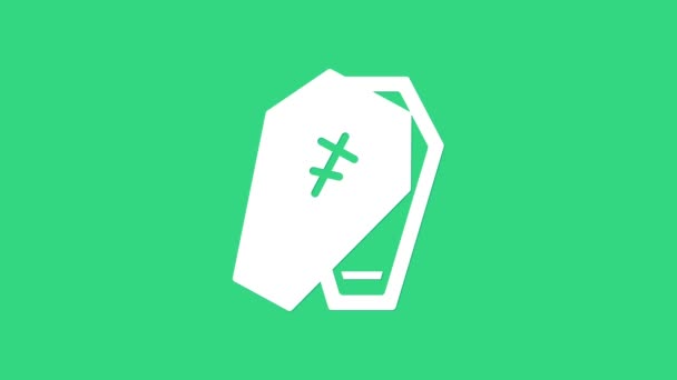 Peti Mati Putih dengan ikon salib Kristen diisolasi dengan latar belakang hijau. Selamat pesta Halloween. Animasi grafis gerak Video 4K — Stok Video