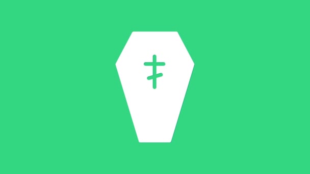 White Coffin with christian cross icon isolated on green background. Happy Halloween party. 4K Video motion graphic animation — Stock Video