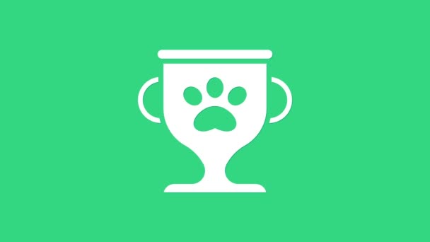 Λευκό σύμβολο Pet σύμβολο βραβείο απομονώνονται σε πράσινο φόντο. Μετάλλιο με αποτύπωμα σκύλου ως κατοικίδιο ζώο έκθεση νικητής έννοια. 4K Γραφική κίνηση κίνησης βίντεο — Αρχείο Βίντεο