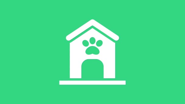 Casa de cachorro branco e ícone de animal de estimação de impressão de pata isolado no fundo verde. Canil de cão. Animação gráfica em movimento de vídeo 4K — Vídeo de Stock