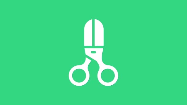 Ícone de cabeleireiro tesoura branca isolado no fundo verde. Cabeleireiro, salão de moda e barbeiro. Símbolo da barbearia. Animação gráfica em movimento de vídeo 4K — Vídeo de Stock