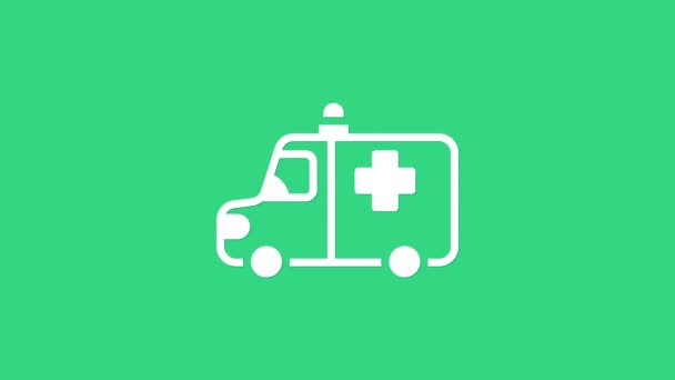 Icono blanco de ambulancia y coche de emergencia aislado sobre fondo verde. Evacuación médica de vehículos de ambulancia. Animación gráfica de vídeo 4K — Vídeo de stock