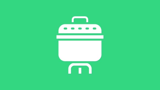 Белый кухонный горшок, выделенный на зеленом фоне. Вскипятить или тушить пищевой символ. Видеографическая анимация 4K — стоковое видео