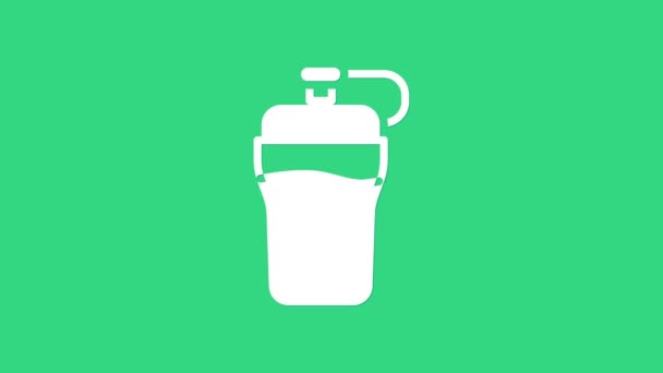 Иконка белого шейкера на зеленом фоне. Спортивный шейкер с крышкой для воды и протеиновых коктейлей. Видеографическая анимация 4K — стоковое видео