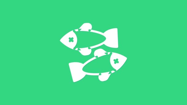 緑色の背景に白い死んだ魚のアイコンが隔離されている。4Kビデオモーショングラフィックアニメーション — ストック動画