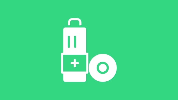 Vit Batteri ikon isolerad på grön bakgrund. Blixt bult symbol. 4K Video motion grafisk animation — Stockvideo