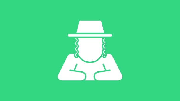 Vit ortodox judisk hatt med sidelocks ikon isolerad på grön bakgrund. Judiska män i traditionella kläder. Judendomssymboler. 4K Video motion grafisk animation — Stockvideo
