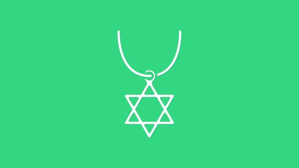 Beyaz Davut Yıldızı gerdanlığı yeşil arka planda izole edilmiş zincir ikonunda. Yahudi dini sembolü. İsrail 'in sembolü. Mücevher ve aksesuar. 4K Video hareketli grafik canlandırması — Stok video