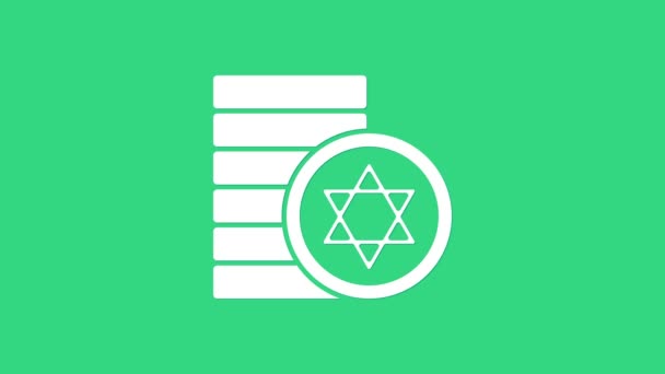 Icono de moneda judía blanca aislado sobre fondo verde. Símbolo moneda. Animación gráfica de vídeo 4K — Vídeos de Stock