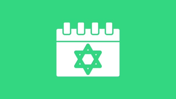 Yeşil arka planda David ikonu yıldızı olan beyaz Yahudi takvimi. Hanuka takvimi günü. 4K Video hareketli grafik canlandırması — Stok video