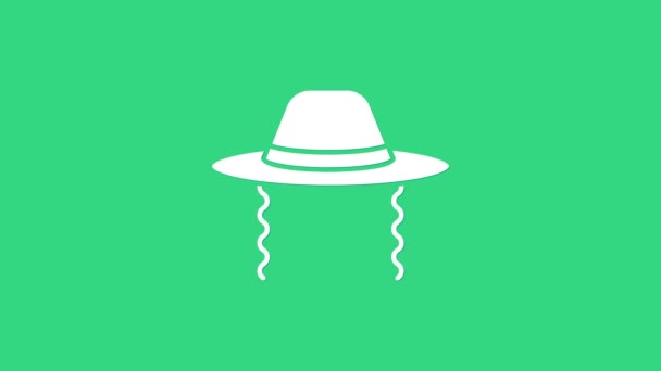 Sombrero judío ortodoxo blanco con el icono sidelocks aislado sobre fondo verde. Hombres judíos con la ropa tradicional. Símbolos del judaísmo. Animación gráfica de vídeo 4K — Vídeo de stock