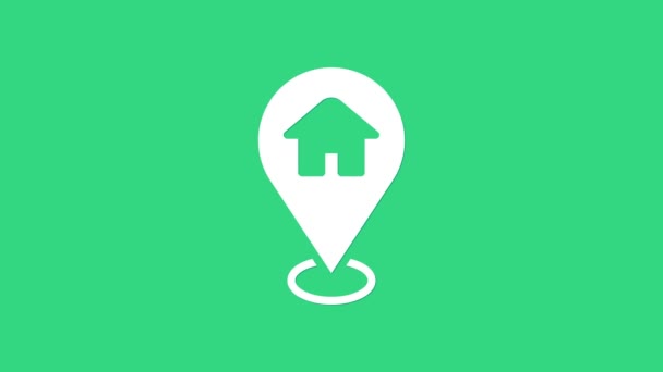 White Map pointer with house icon isolated on green background. Home location marker symbol. 4K Video motion graphic animation — Stock Video