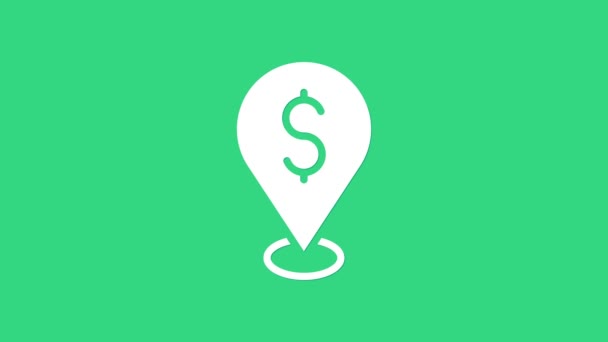 White Cash location pin icon isolated on green background. Pointer and dollar symbol. Money location. Business and investment concept. 4K Video motion graphic animation — Stock Video