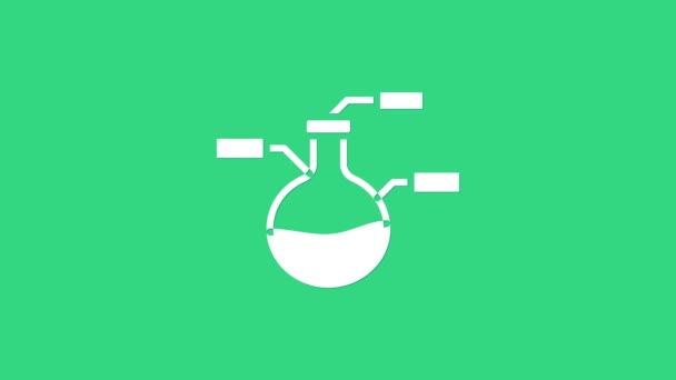 Tubo de ensayo blanco y matraz icono de prueba de laboratorio químico aislado sobre fondo verde. Signo de cristalería del laboratorio. Animación gráfica de vídeo 4K — Vídeo de stock