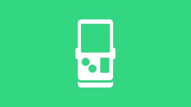 Λευκό φορητό Tetris ηλεκτρονικό εικονίδιο παιχνίδι απομονώνονται σε πράσινο φόντο. Vintage στυλ τσέπη τούβλο παιχνίδι. Διαδραστική συσκευή αναπαραγωγής. 4K Γραφική κίνηση κίνησης βίντεο — Αρχείο Βίντεο
