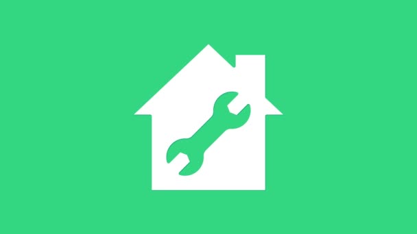 Casa Albă sau acasă cu iconița cheie izolată pe fundal verde. Ajustare, service, setare, întreținere, reparații, fixare. 4K Animație grafică în mișcare video — Videoclip de stoc