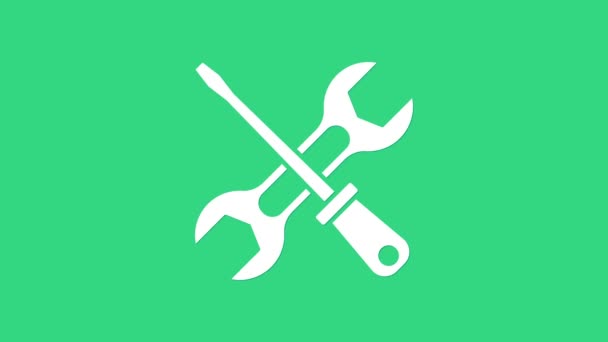 Vit skruvmejsel och skiftnyckel verktyg ikon isolerad på grön bakgrund. Tjänsteverktygets symbol. 4K Video motion grafisk animation — Stockvideo
