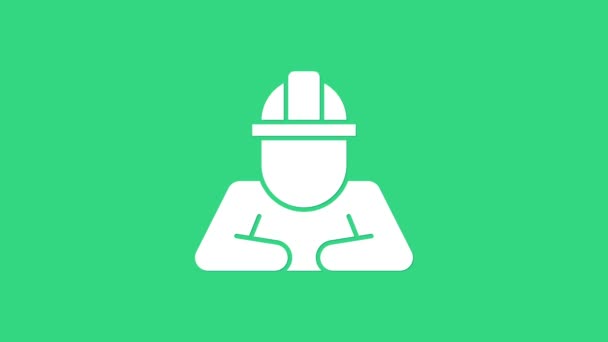 White Builder icon isolated on green background. Construction worker. 4K Video motion graphic animation — Stock Video