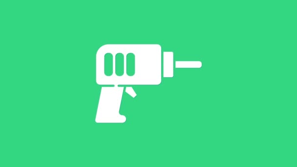 Weißes Symbol der Elektrobohrmaschine isoliert auf grünem Hintergrund. Reparaturwerkzeug. 4K Video Motion Grafik Animation — Stockvideo
