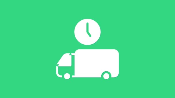 Witte Logistiek bestelwagen en tijdpictogram geïsoleerd op groene achtergrond. Levertijd icoon. 4K Video motion grafische animatie — Stockvideo