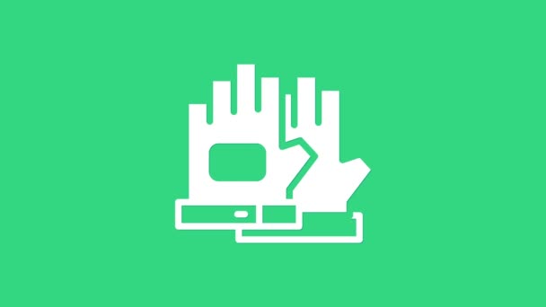 Άσπρα γάντια εικονίδιο απομονώνονται σε πράσινο φόντο. Ακραίο άθλημα. Αθλητικός εξοπλισμός. 4K Γραφική κίνηση κίνησης βίντεο — Αρχείο Βίντεο