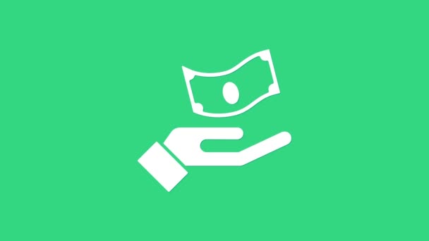 Biała Ręka trzymająca ikonę pieniędzy na zielonym tle. Symbol dolara lub USD. Znak waluty Cash Banking. 4K Animacja graficzna ruchu wideo — Wideo stockowe