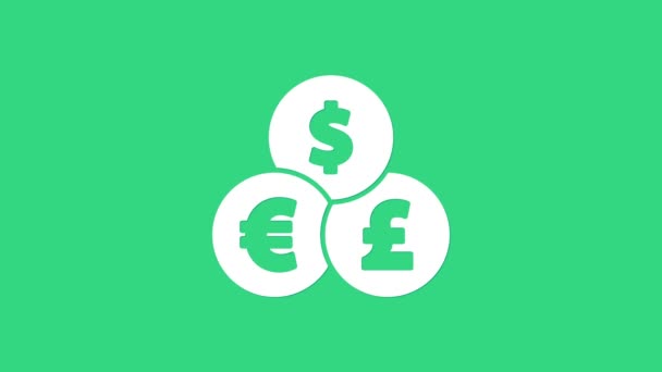 Λευκό νόμισμα εικονίδιο ανταλλαγής που απομονώνονται σε πράσινο φόντο. Σύμβολο μεταφοράς μετρητών. Τραπεζικό συνάλλαγμα. 4K Γραφική κίνηση κίνησης βίντεο — Αρχείο Βίντεο