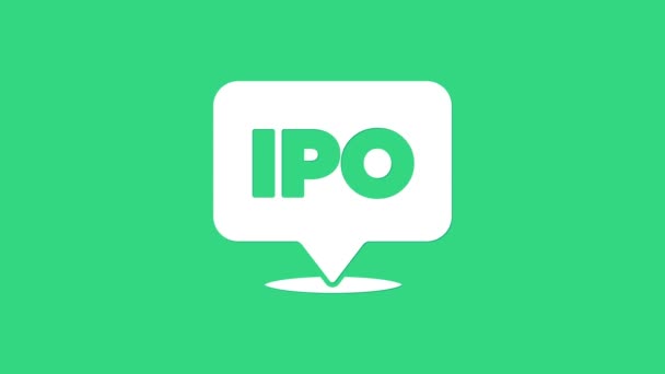 Λευκό IPO - αρχική δημόσια προσφορά ή χρηματιστηριακή αγορά εικονίδιο εκκίνησης απομονώνονται σε πράσινο φόντο. 4K Γραφική κίνηση κίνησης βίντεο — Αρχείο Βίντεο