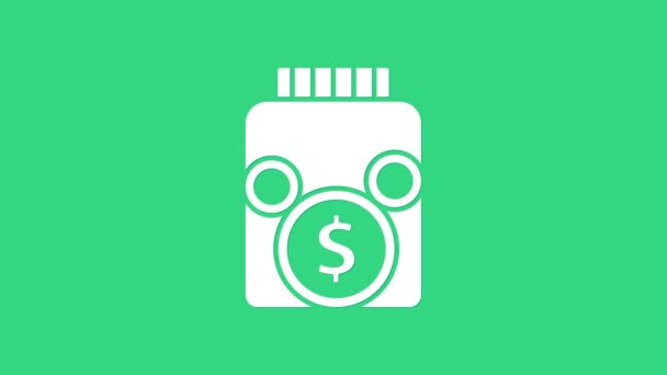 Vaso di denaro in vetro bianco con icona della moneta isolata su sfondo verde. Icona risparmio o accumulo di denaro, investimento. Animazione grafica 4K Video motion — Video Stock