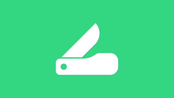 Vit schweizisk armé kniv ikon isolerad på grön bakgrund. Multiverktyg, multifunktionell pennkniv. Multifunktionellt verktyg. 4K Video motion grafisk animation — Stockvideo