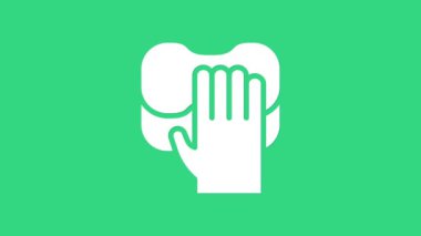 Beyaz Temizlik servisi simgesi yeşil arkaplanda izole edildi. Lateks el koruması işareti. Ev işi temizlik ekipmanları sembolü. 4K Video hareketli grafik canlandırması