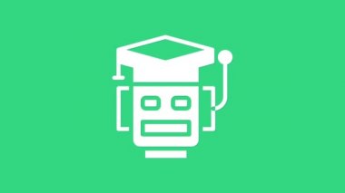 Beyaz Robot simgesi yeşil arkaplanda izole edildi. Yapay zeka, makine öğrenme, bulut hesaplama. 4K Video hareketli grafik canlandırması