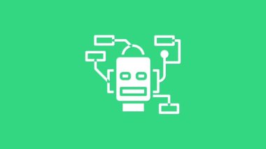 Beyaz Robot simgesi yeşil arkaplanda izole edildi. Yapay zeka, makine öğrenme, bulut hesaplama. 4K Video hareketli grafik canlandırması
