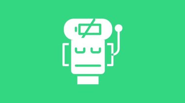 Beyaz Robot düşük akü şarj ikonu yeşil arka planda izole edildi. Yapay zeka, makine öğrenme, bulut hesaplama. 4K Video hareketli grafik canlandırması