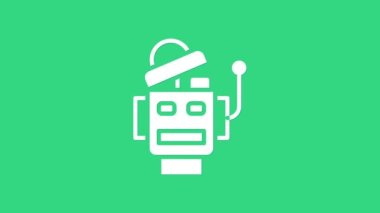 Beyaz Robot simgesi yeşil arkaplanda izole edildi. Yapay zeka, makine öğrenme, bulut hesaplama. 4K Video hareketli grafik canlandırması