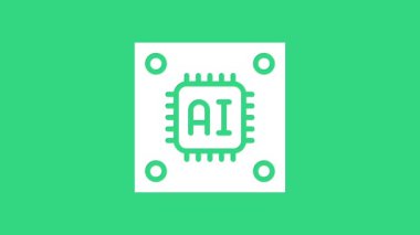 Yeşil arka planda mikro devre işlemci simgesi olan beyaz bilgisayar işlemcisi izole edildi. Devre kartı işaretli çip ya da işlemci. Mikro işlemci. 4K Video hareketli grafik canlandırması