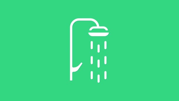 Cabeza de ducha blanca con gotas de agua que fluyen icono aislado sobre fondo verde. Animación gráfica de vídeo 4K — Vídeos de Stock