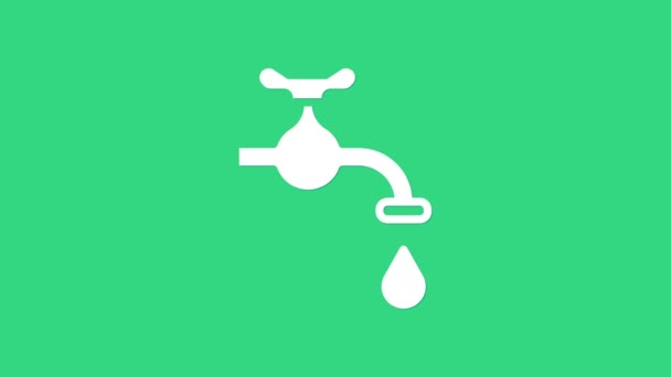 Grifo de agua blanca con un icono de gota de agua que cae aislado sobre fondo verde. Animación gráfica de vídeo 4K — Vídeo de stock