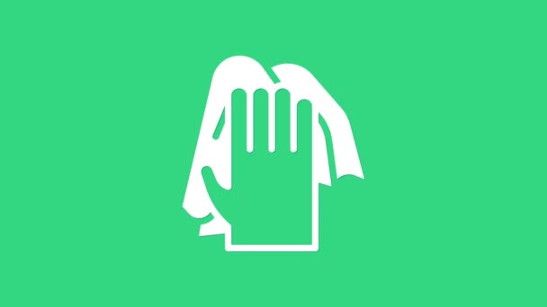 Значок службы белой уборки выделен на зеленом фоне. Латексный знак защиты рук. Символ чистящего оборудования для дома. Видеографическая анимация 4K — стоковое видео