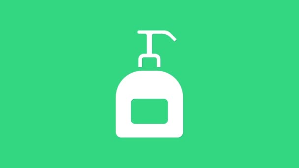 Biała butelka płynnego mydła antybakteryjnego z ikoną dozownika wyizolowaną na zielonym tle. Antyseptyczne. Dezynfekcja, higiena, pielęgnacja skóry. 4K Animacja graficzna ruchu wideo — Wideo stockowe