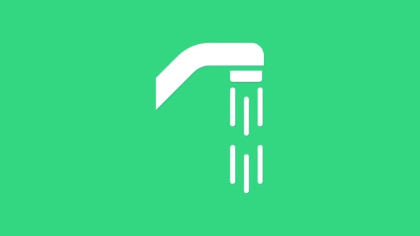 Cabeza de ducha blanca con gotas de agua que fluyen icono aislado sobre fondo verde. Animación gráfica de vídeo 4K — Vídeos de Stock